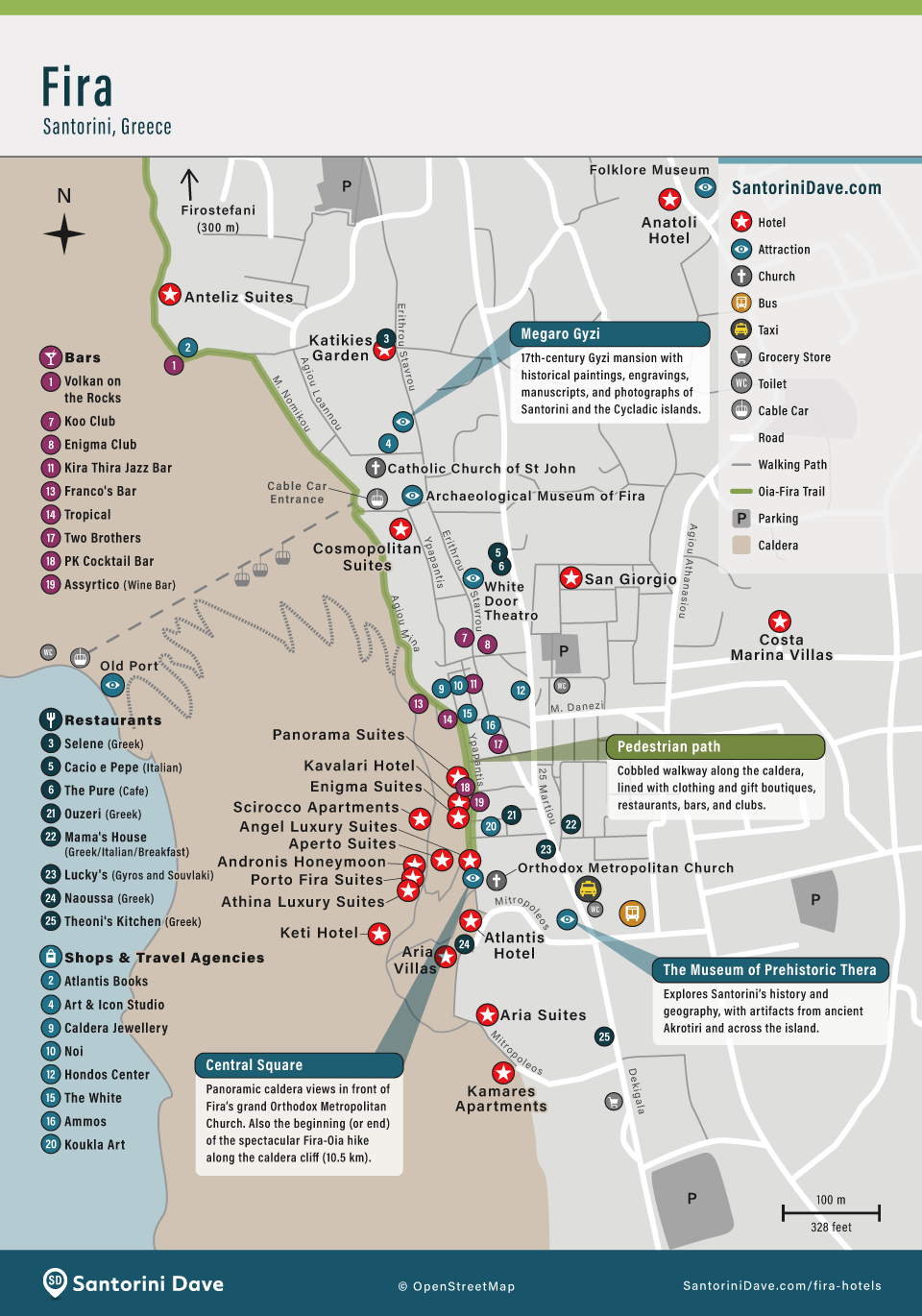 Map of the best hotels, restaurants, things to do, bars, and shopping in Fira, Santorini.