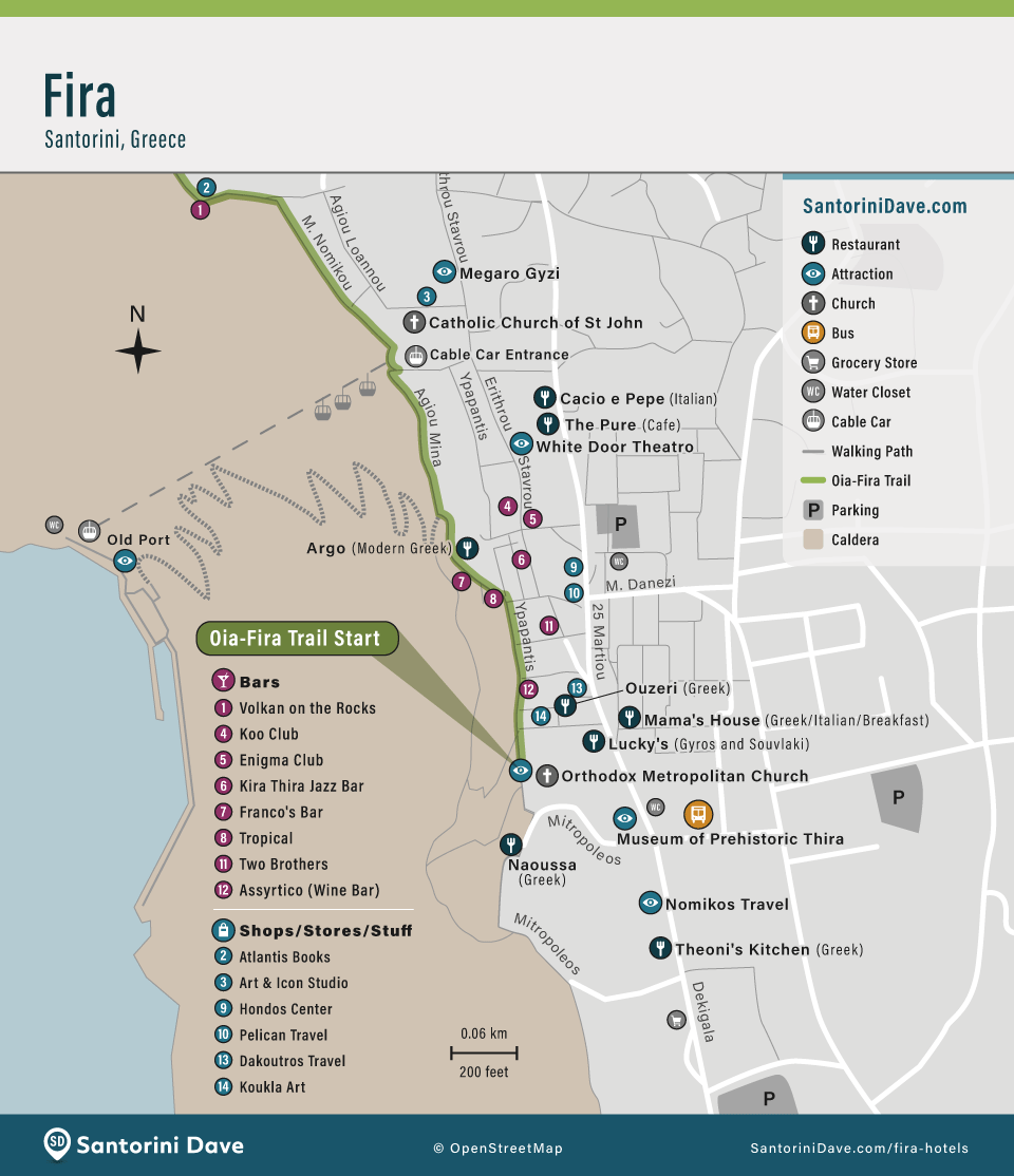 Map of the best restaurants, things to do, bars, and shopping in Fira, Santorini.