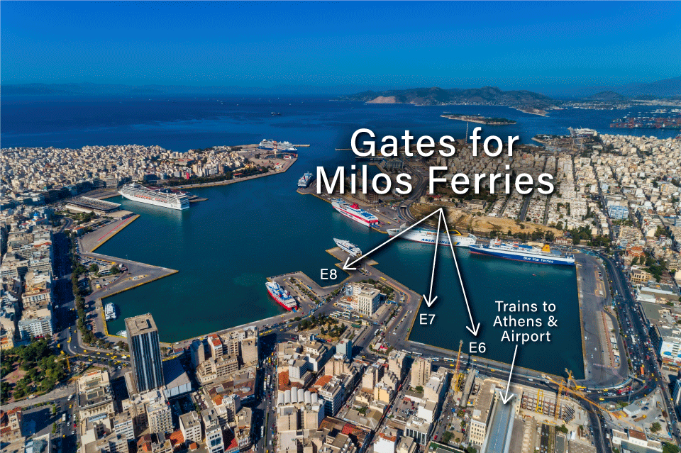 Athens to Milos ferries at Piraeus port.