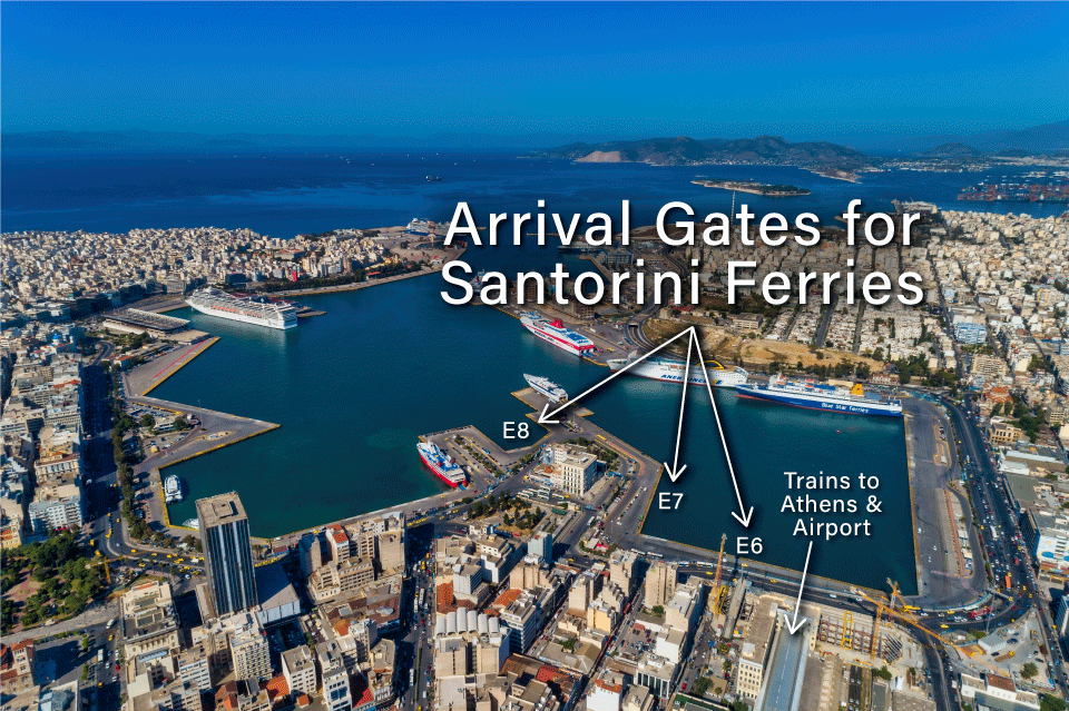 Santorini to Athens ferries arrival in Piraeus port.