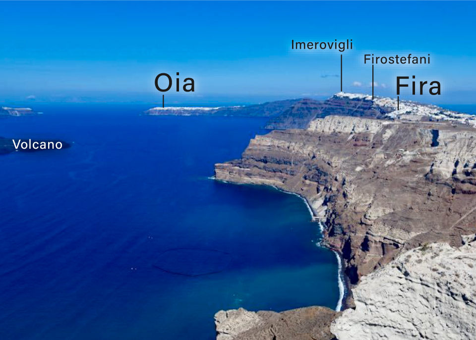 Photo of Santorini's four largest villages, the volcano, and the caldera, all labeled for orientation