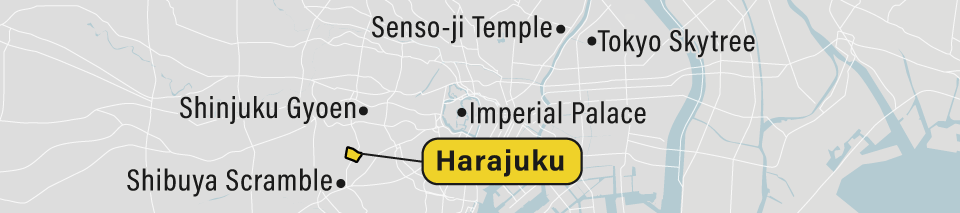 A map showing the Harajuku neighborhood in Tokyo, Japan.