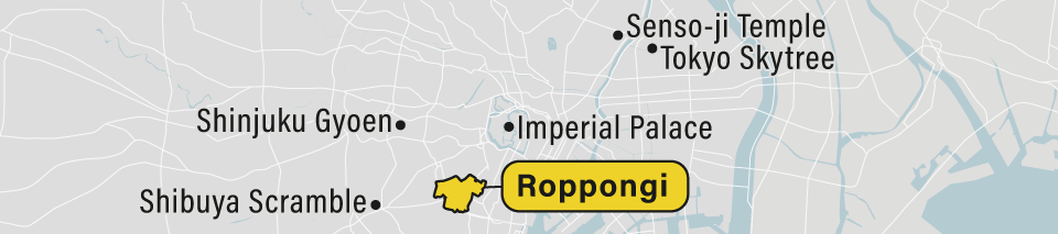 A map showing the Roppongi neighborhood in Tokyo, Japan.