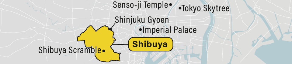 A map showing the Shibuya neighborhood in Tokyo, Japan.