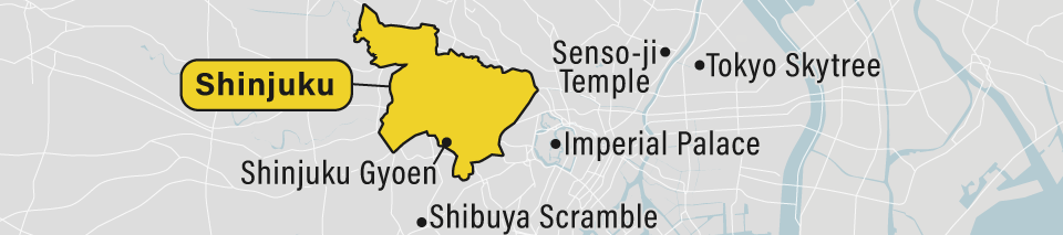 A map showing the Shinjuku neighborhood in Tokyo, Japan.