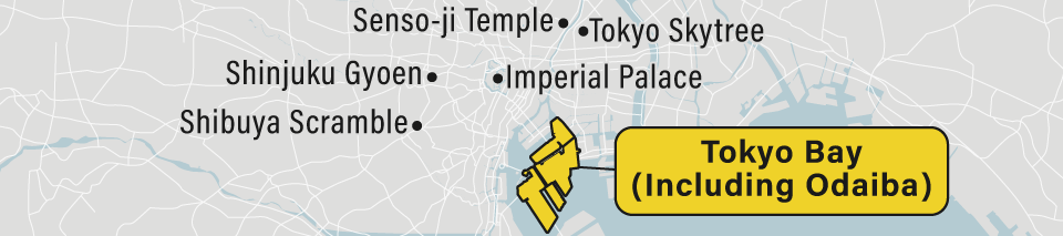 A map showing the Tokyo Bay and Odaiba neighborhoods in Tokyo, Japan.