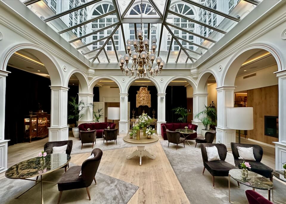 Elegant lobby atrium with glass ceiling