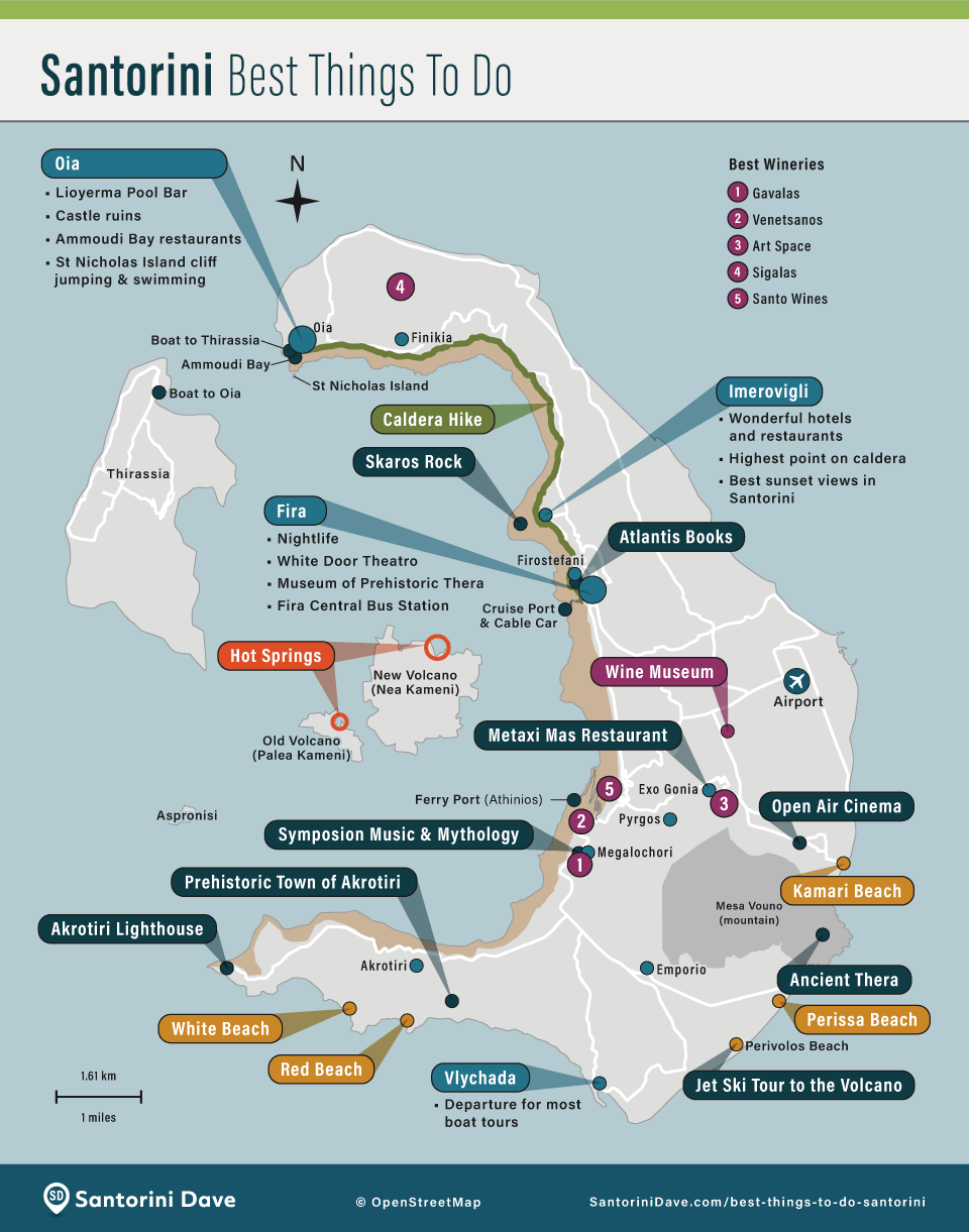 Map showing the locations of the best towns and top activities on Santorini, Greece.