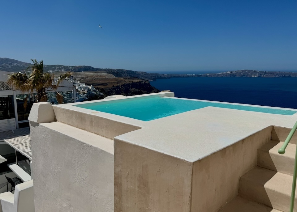 An elevated jacuzzi overlooking the caldera at Villa Murat in Fira, Santorini.