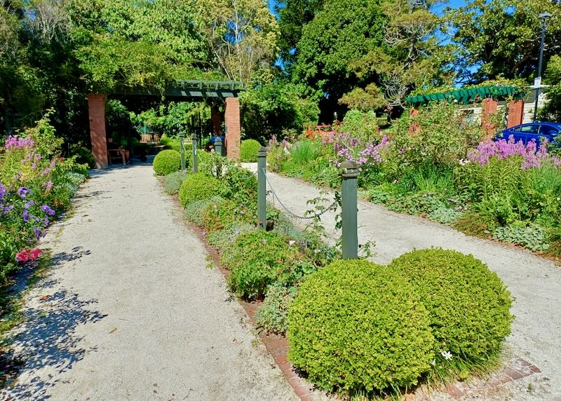 Round green bushes line a rock path to more gardens.