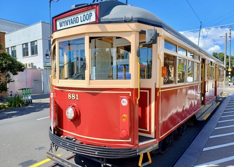 A bright red tram.