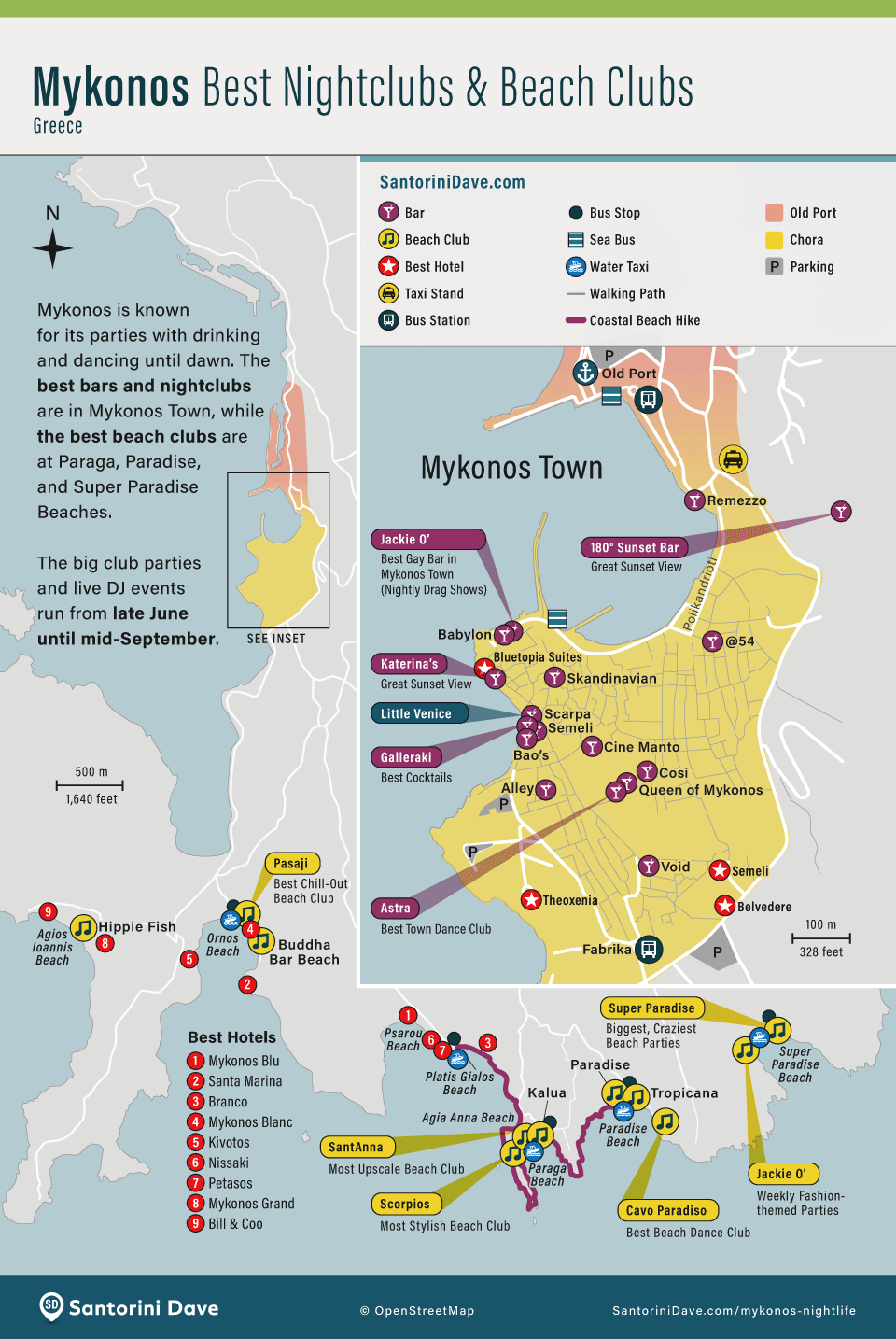 Map of the best bars, nightlife, and beach clubs on Mykonos Island, Greece