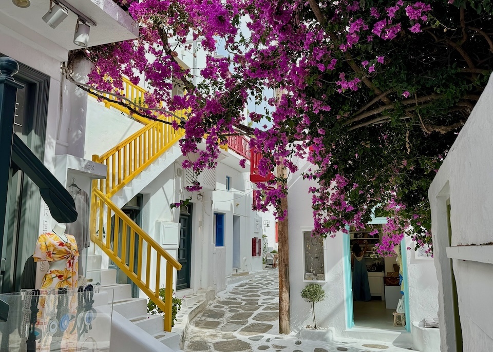 Bougainvilleas stretch over a flagstone pathway with a yellow stairway angling down and boutique shops in the Chora neighborhood of Mykonos Town.