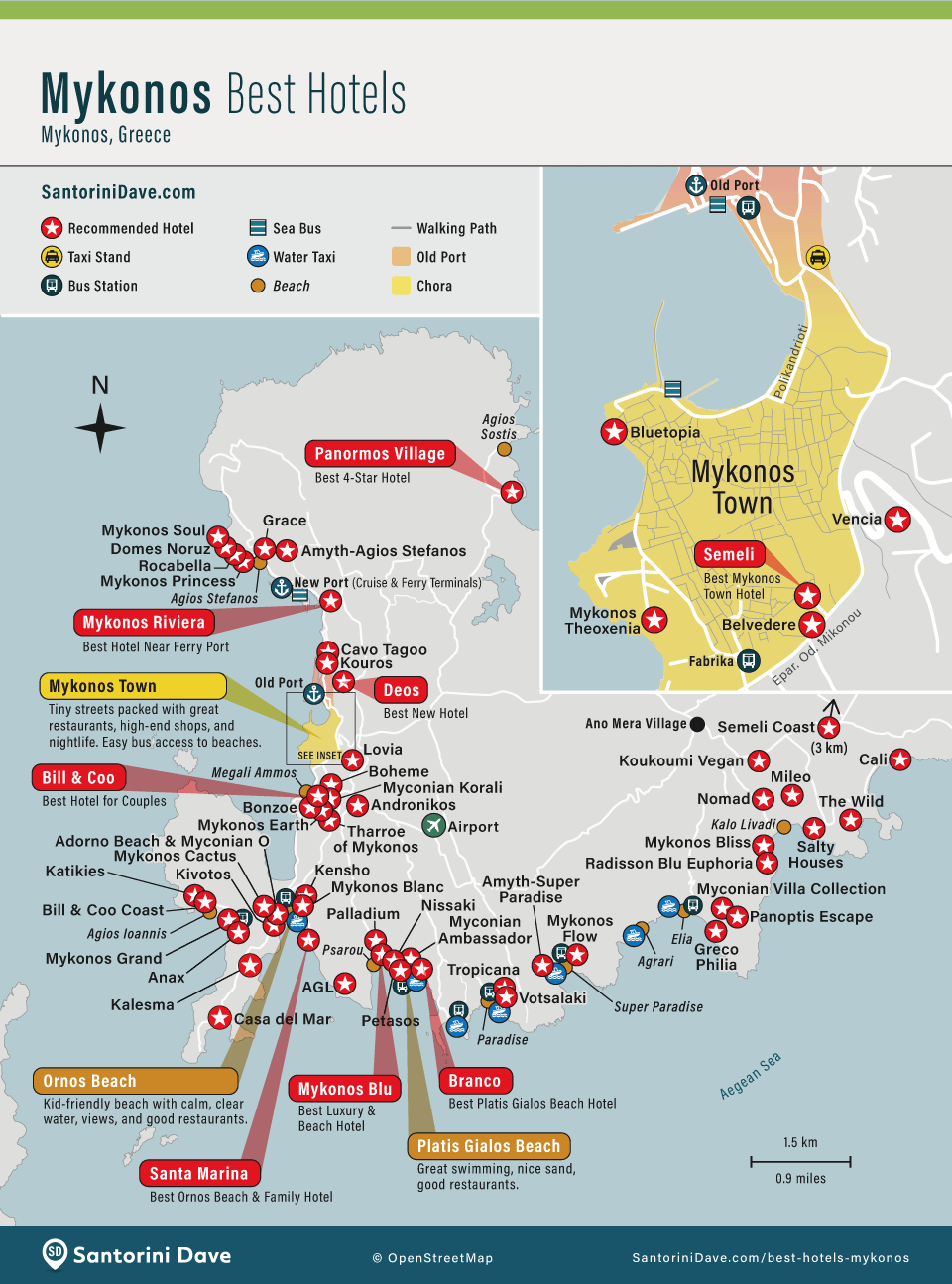 Map of the best luxury and Boutique hotels on Mykonos Island.