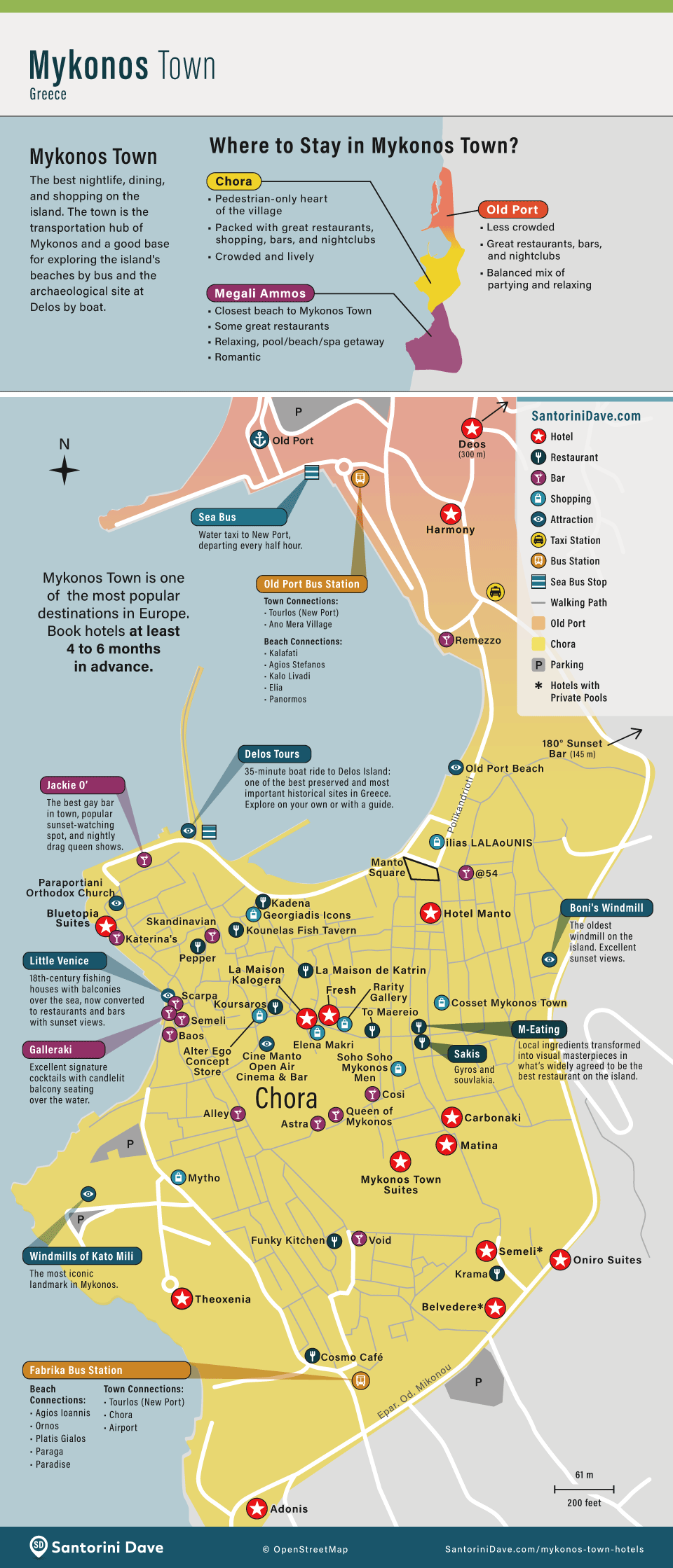 Map of Mykonos Town best hotels, restaurants, bars, shopping, and attractions.