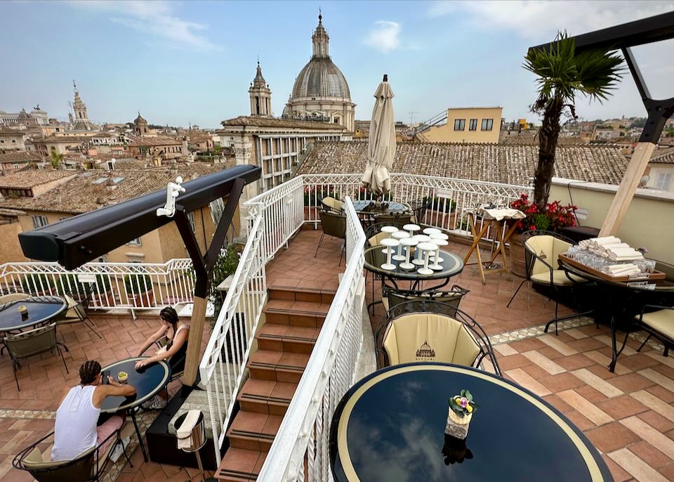 Views of Rome from the rooftop restaurant at Bio Raphael Hotel.