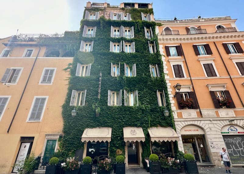 View looking up at a hotel building covered in green vines, with striped awnings over the doorway