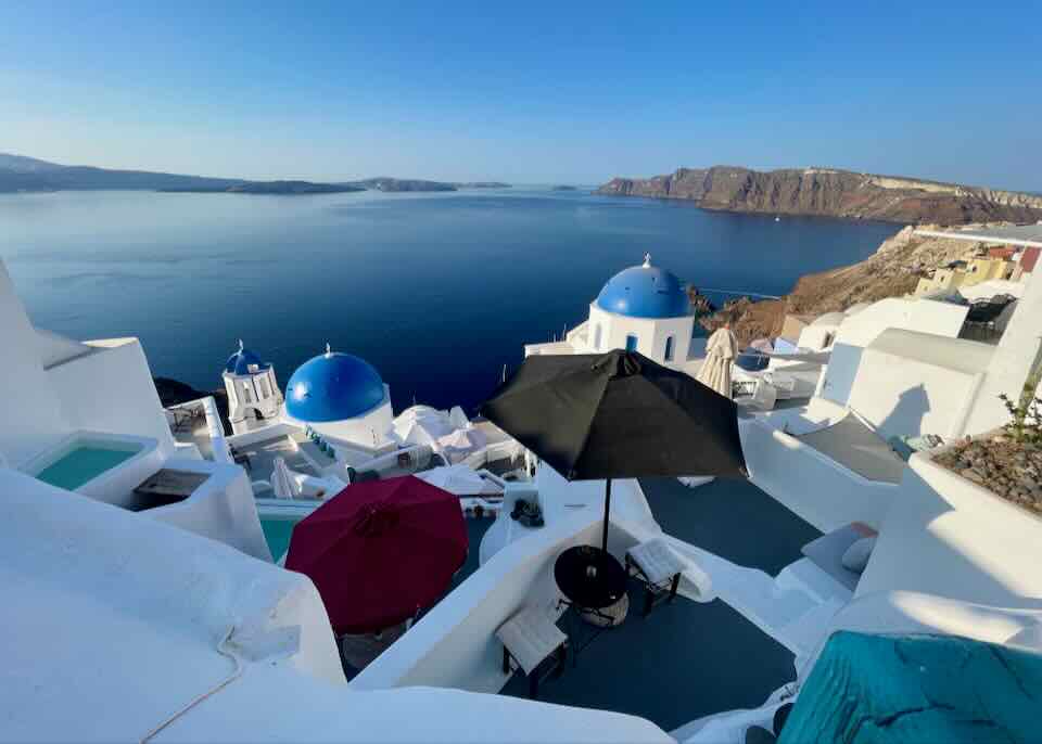 Hotel in Oia with church view.