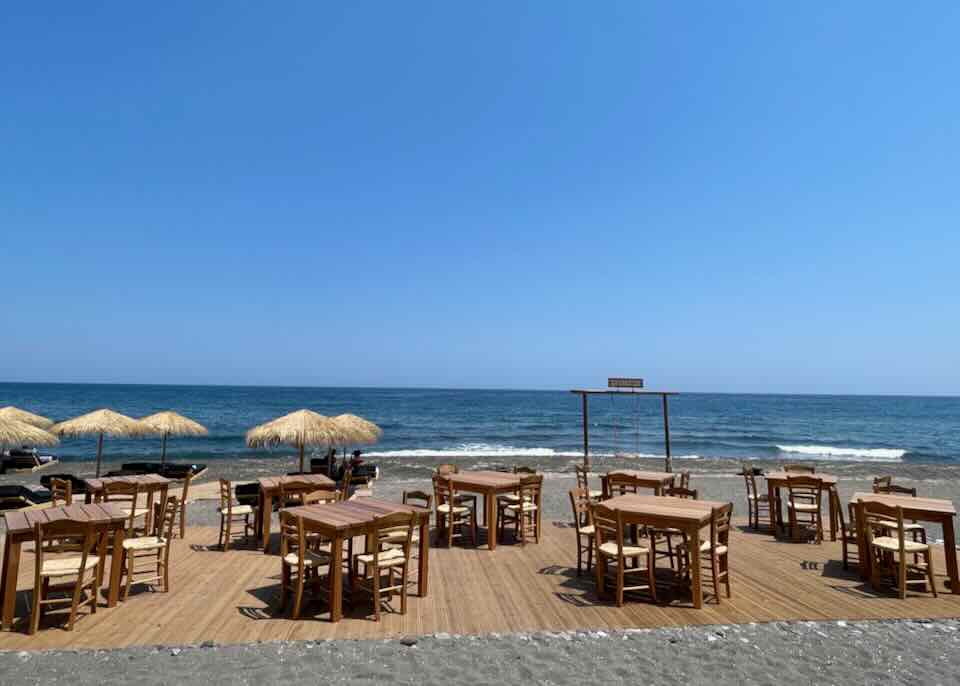 Restaurant at Santorini beach.