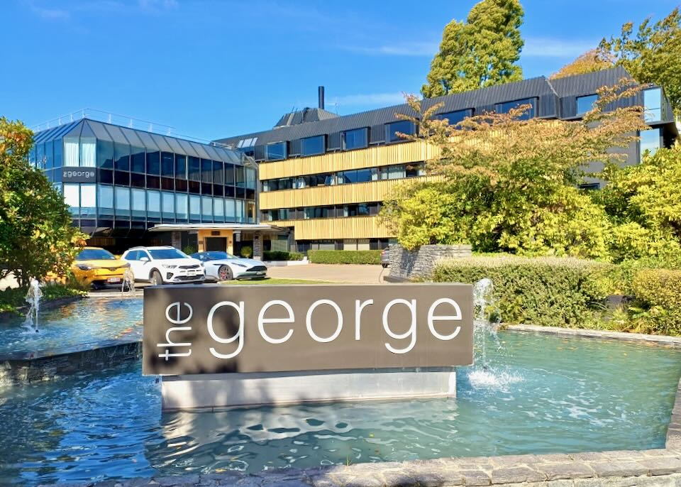 A sign in a fountain reads, "The George."