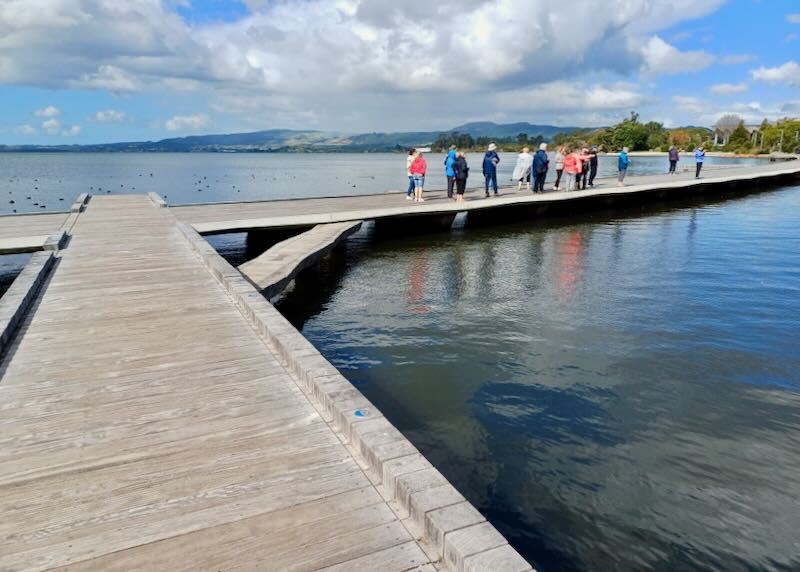 People walk and point as they cross a boardwalk in the lake.