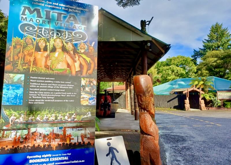 A poster shows shirtless men with fern leaves and spears.