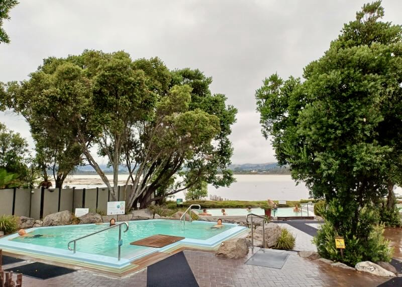 Guests float in two large outdoor mineral pools.