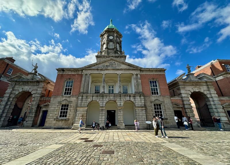 View looking across the pedestrian plaza to Dublin Castle on a sunny day