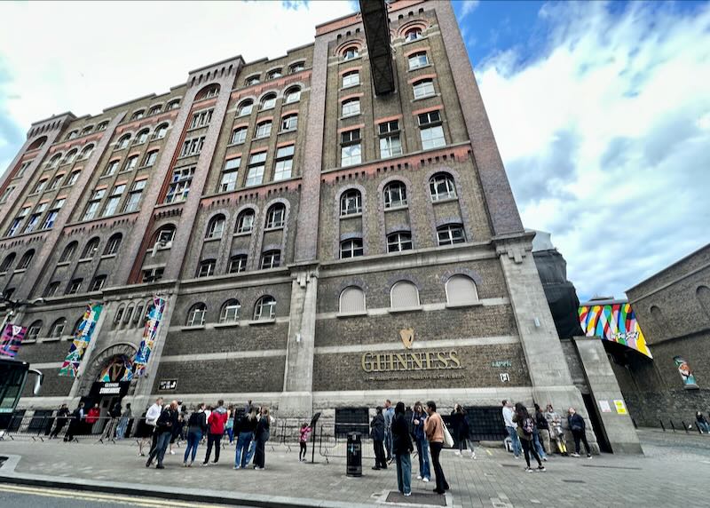 View looking up at the Guinness Storehouse in Dublin, Ireland, on a sunny day