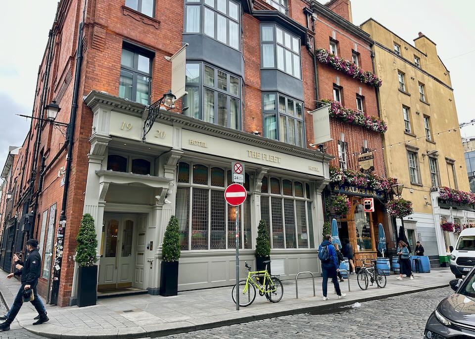 Exterior of a red brick hotel in Dublin