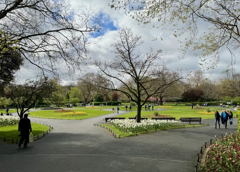 Park with curved paths and manicured gardens