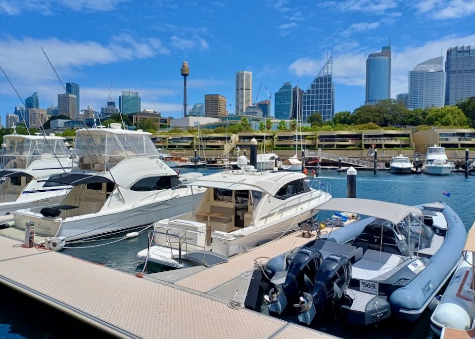 Recreational boats sit in a marina with a view of a city skyline.