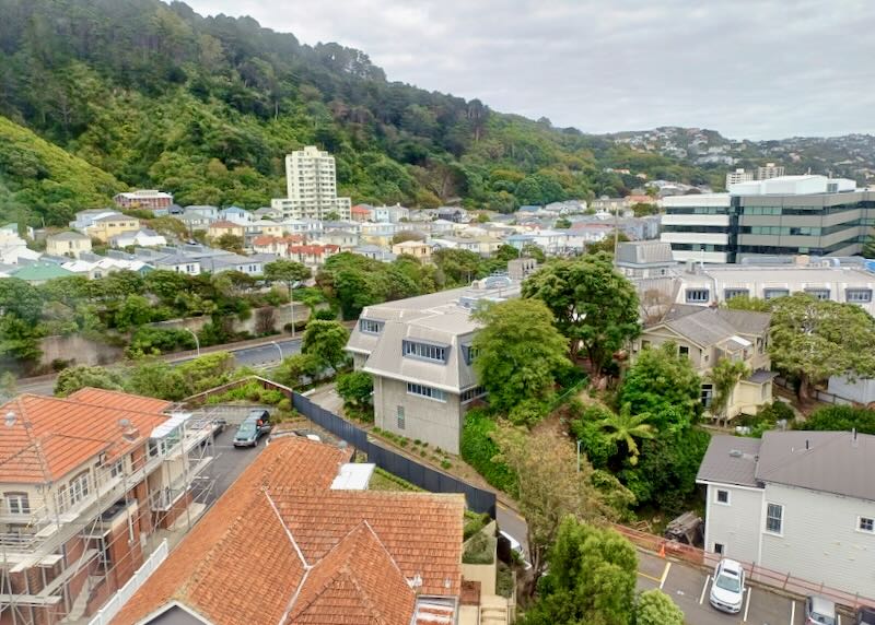 A view from hight up of orange roof tops and lush green hill sides.