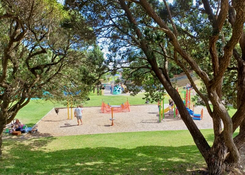 Families sit on green grass as children play on a playground.