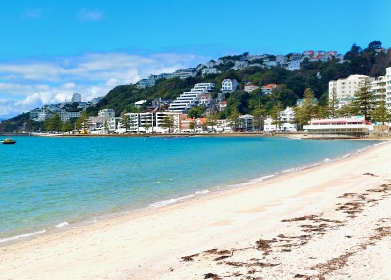 White sand and blue water line the shores of a suburb.