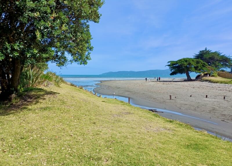 People walk along a grey beach.