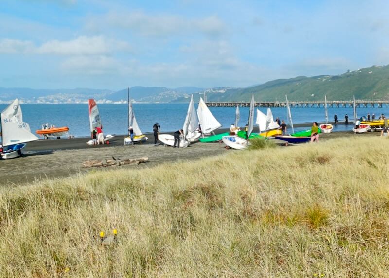 People and sailboats line the shore.