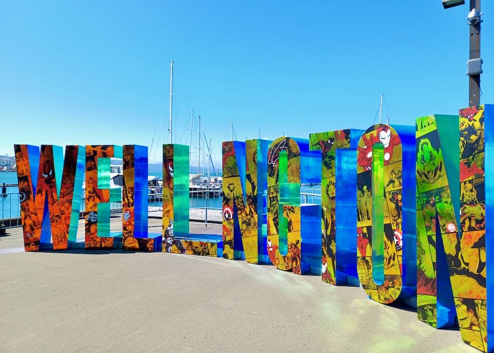 A colorful sign reads, "Wellngton."