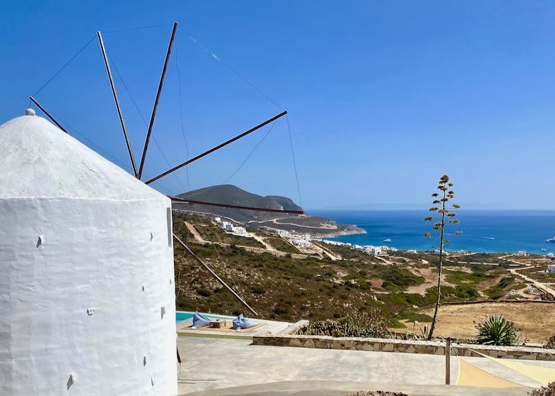 View over the infinity pool and view to the sea from the Windmill Suite at Another Island in Antiparos.