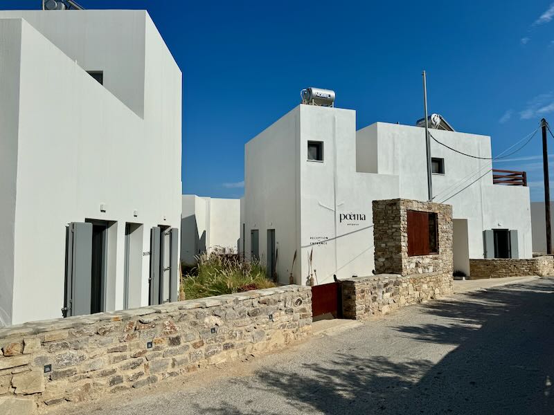 Boxy white apartment building in Antiparos Town.