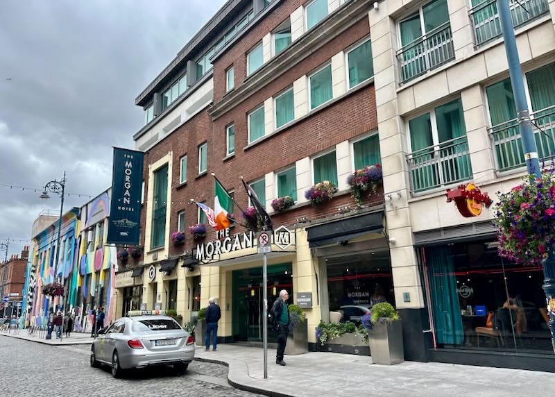 Side view of a hotel on a busy Dublin street.