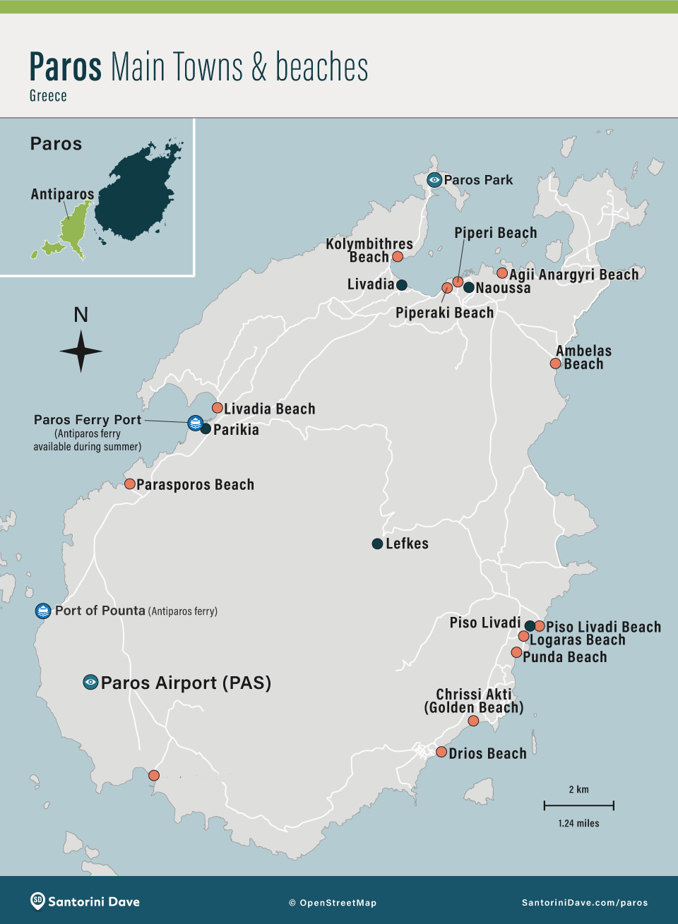 Map showing the main towns and beaches in Paros, Greece