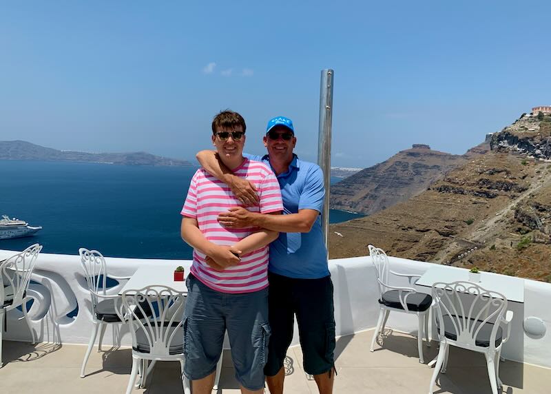 My son and I at a Santorini hotel.