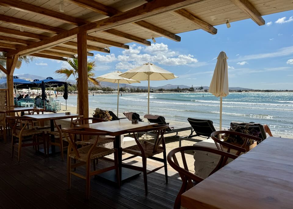 View up Agios Georgios Beach from the beachfront cafe at the 5-star Nissaki Beach Hotel.