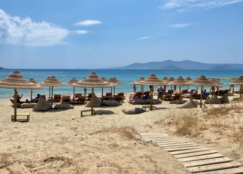 Thatched umbrellas along a golden sand beach.