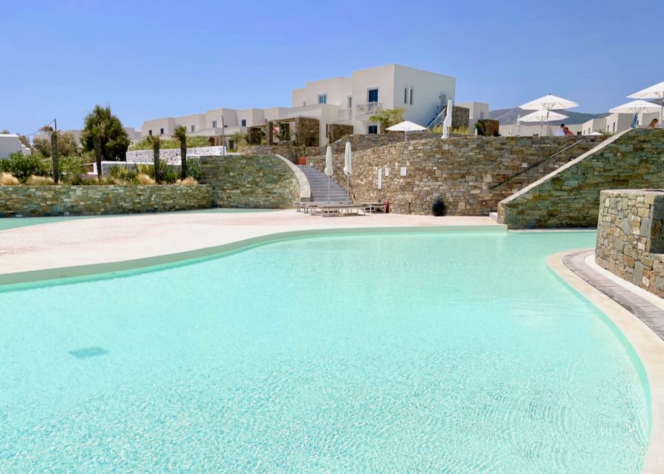 Wide and shallow children's pool at a Greek hotel.