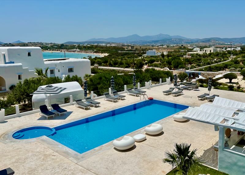 View overlooking the pool terrace of a luxury hotel in Greece