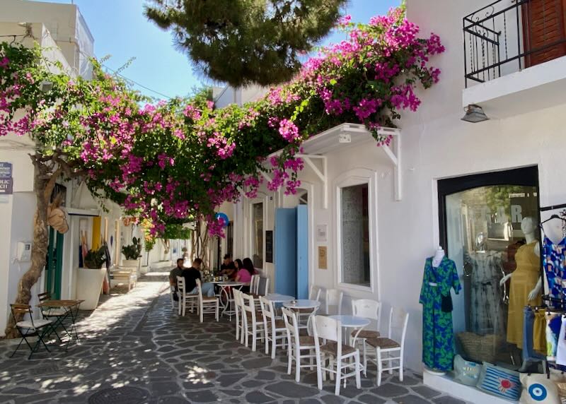 Cobbled pedestrian lane lined with shops and eateries, and overhung with flowering vines. 