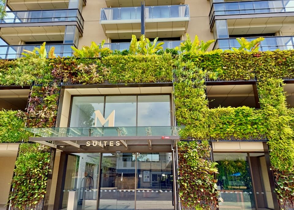 The enterance into a hotel with a live plant wall.