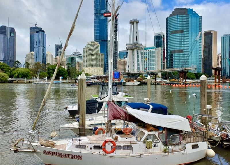 Several sailboats sit on a river bank tied to a dock with a skyline in the backdrop.